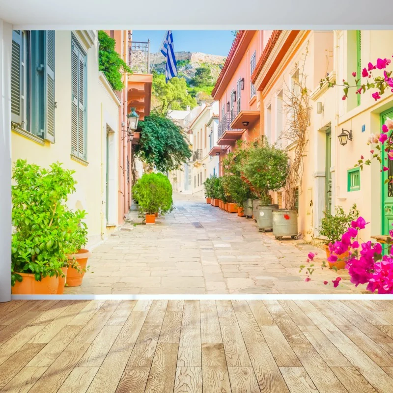 Fototapeta słoneczna grecka uliczka z bougainvilleą – Wallissimo® Fototapeta słoneczna grecka uliczka z bougainvilleą – Wallissimo®