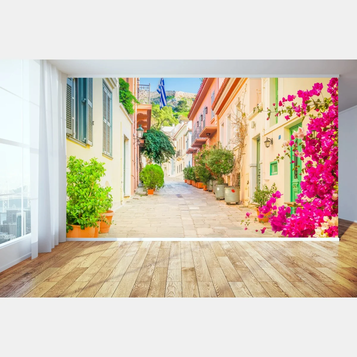 Fototapeta słoneczna grecka uliczka z bougainvilleą – Wallissimo® Fototapeta słoneczna grecka uliczka z bougainvilleą – Wallissimo®