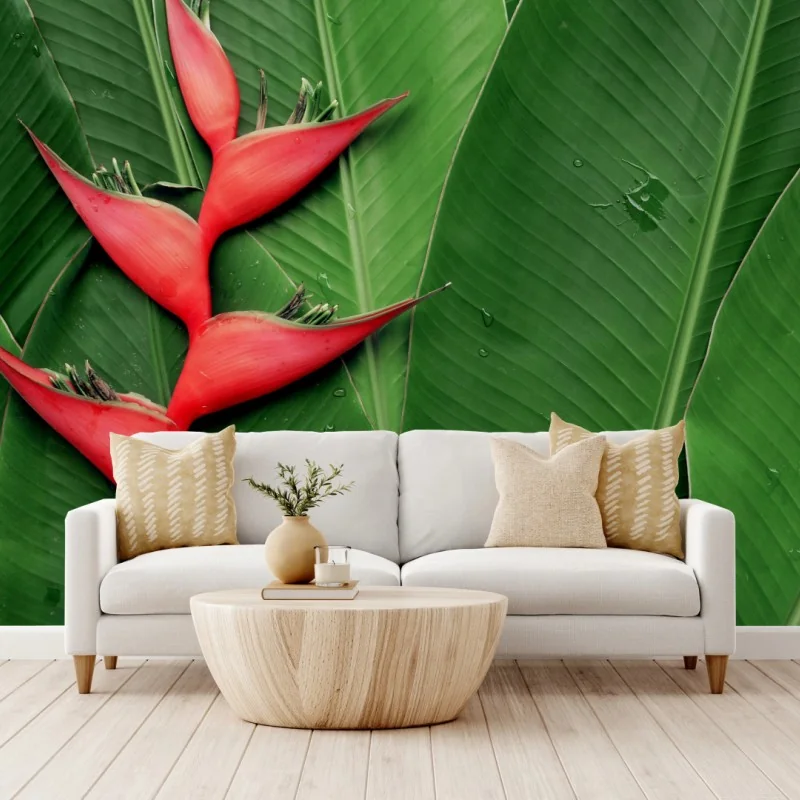 Fototapeta intensywna heliconia na tropikalnych liściach – Wallissimo® Fototapeta intensywna heliconia na tropikalnych liściach – Wallissimo®