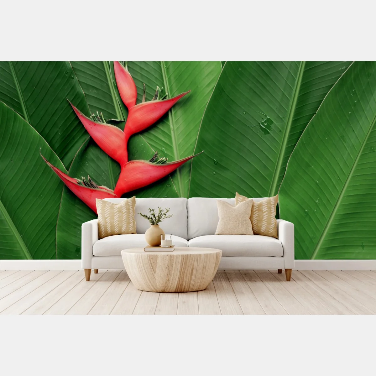 Fototapeta intensywna heliconia na tropikalnych liściach – Wallissimo® Fototapeta intensywna heliconia na tropikalnych liściach – Wallissimo®