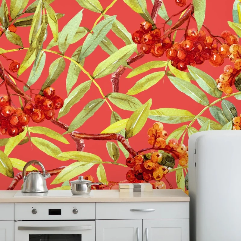 Fototapeta akwarelowy wzór jarzębiny – Wallissimo® Fototapeta akwarelowy wzór jarzębiny – Wallissimo®