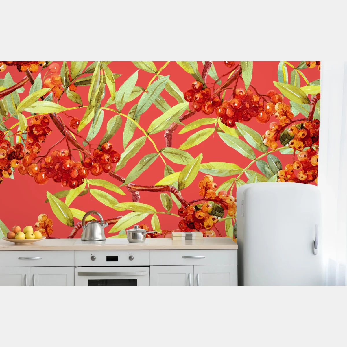 Fototapeta akwarelowy wzór jarzębiny – Wallissimo® Fototapeta akwarelowy wzór jarzębiny – Wallissimo®