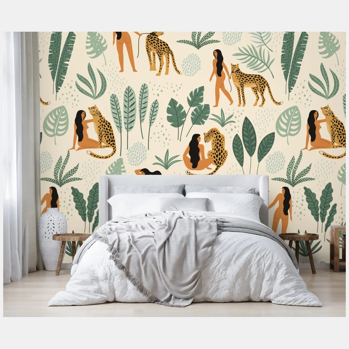 Fototapeta egzotyczny wzór z gepardami i liśćmi – Wallissimo® Fototapeta egzotyczny wzór z gepardami i liśćmi – Wallissimo®
