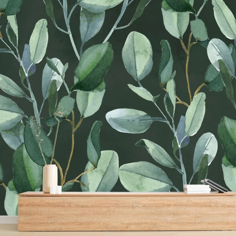 Fototapeta wzór akwarelowy z liśćmi eukaliptusa na ciemnozielonym tle – Wallissimo® Fototapeta wzór akwarelowy z liśćmi eukaliptusa na ciemnozielonym tle – Wallissimo®