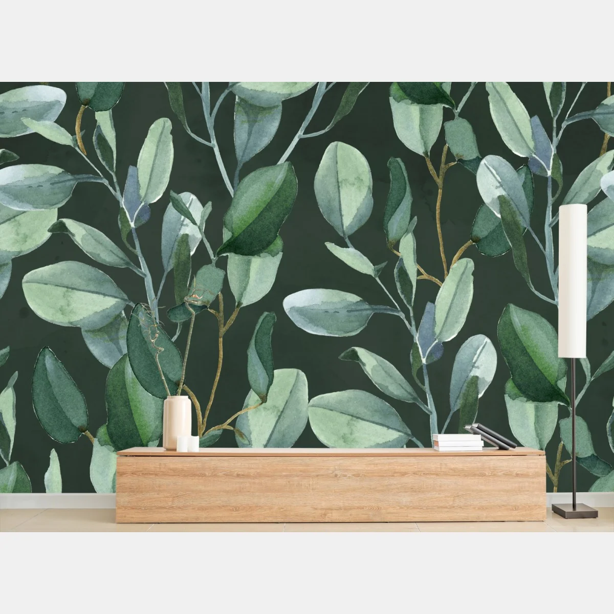 Fototapeta wzór akwarelowy z liśćmi eukaliptusa na ciemnozielonym tle – Wallissimo® Fototapeta wzór akwarelowy z liśćmi eukaliptusa na ciemnozielonym tle – Wallissimo®