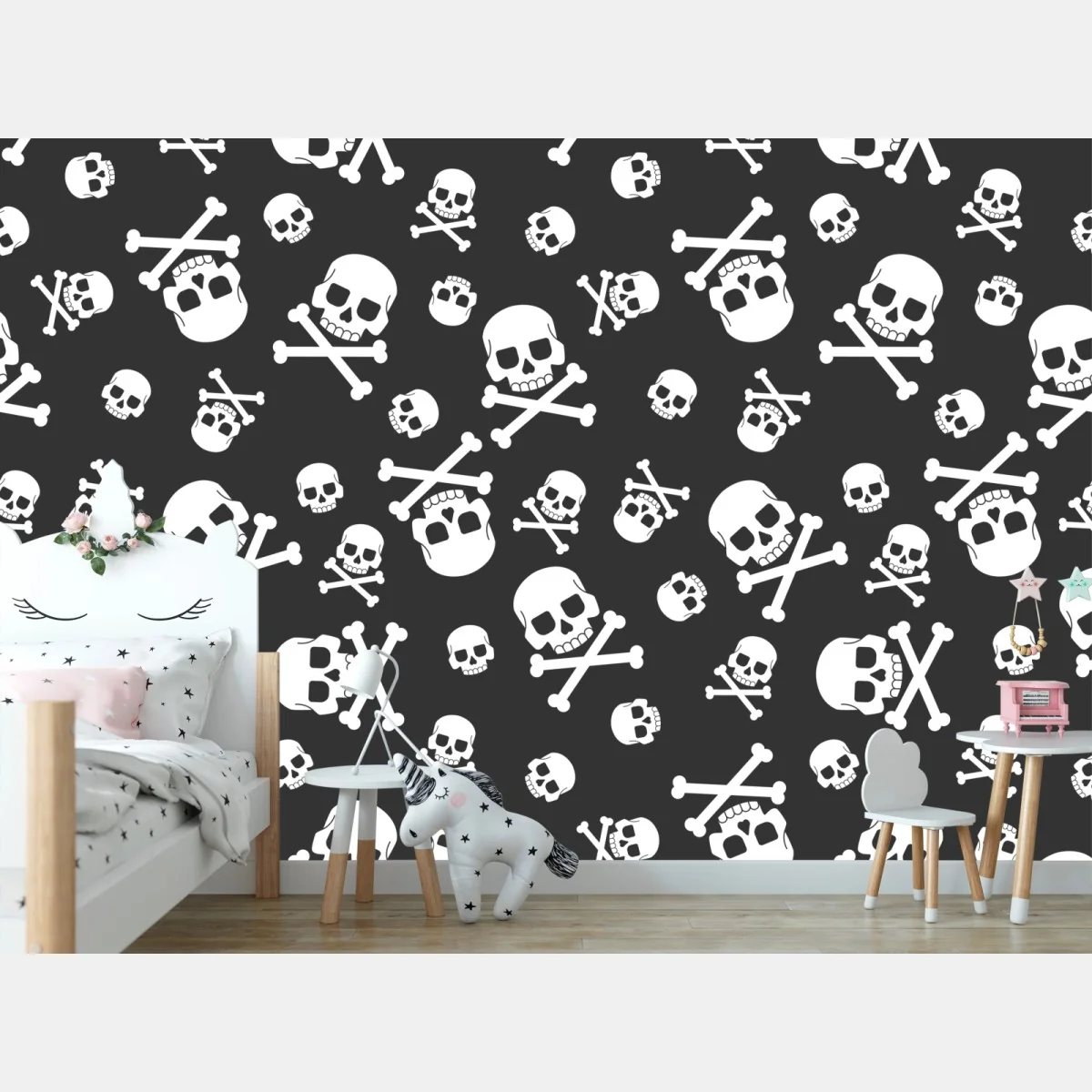 Fototapeta biały wzór czaszek na szarym tle – Wallissimo® Fototapeta biały wzór czaszek na szarym tle – Wallissimo®