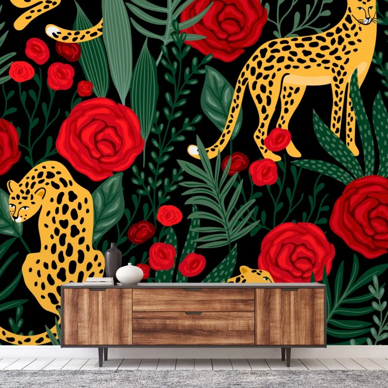 Fototapeta egzotyczny wzór z gepardami i różami – Wallissimo® Fototapeta egzotyczny wzór z gepardami i różami – Wallissimo®