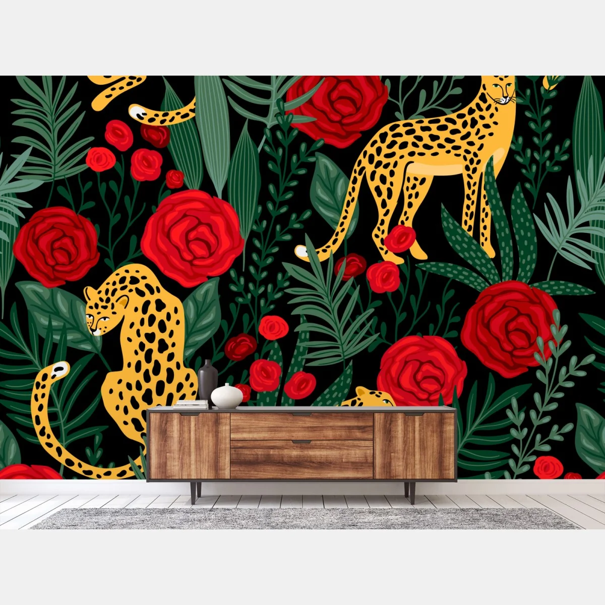 Fototapeta egzotyczny wzór z gepardami i różami – Wallissimo® Fototapeta egzotyczny wzór z gepardami i różami – Wallissimo®