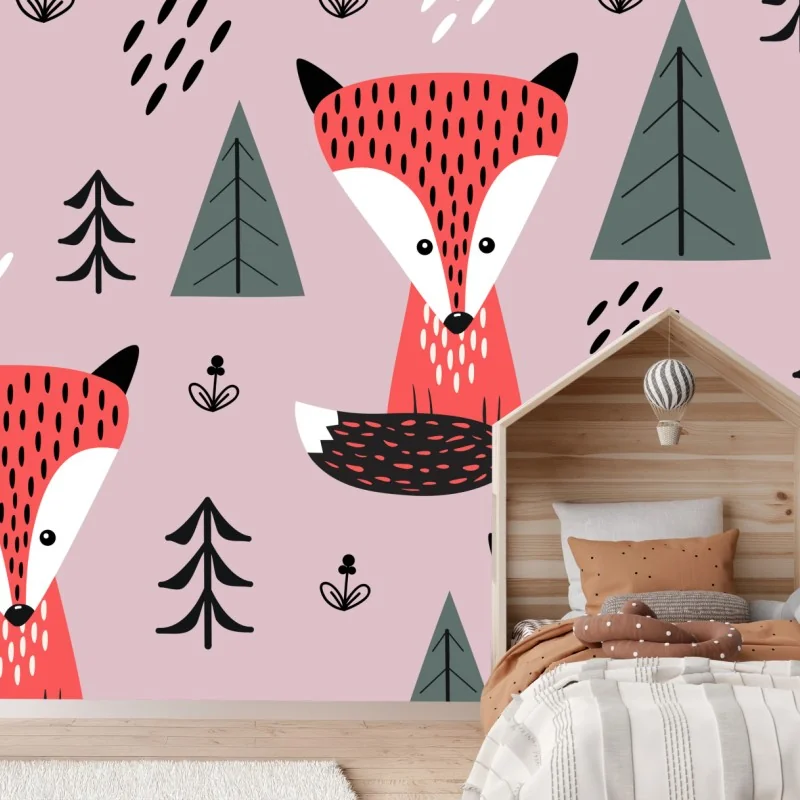 Fototapeta zabawny wzór z lisami w lesie – Wallissimo® Fototapeta zabawny wzór z lisami w lesie – Wallissimo®