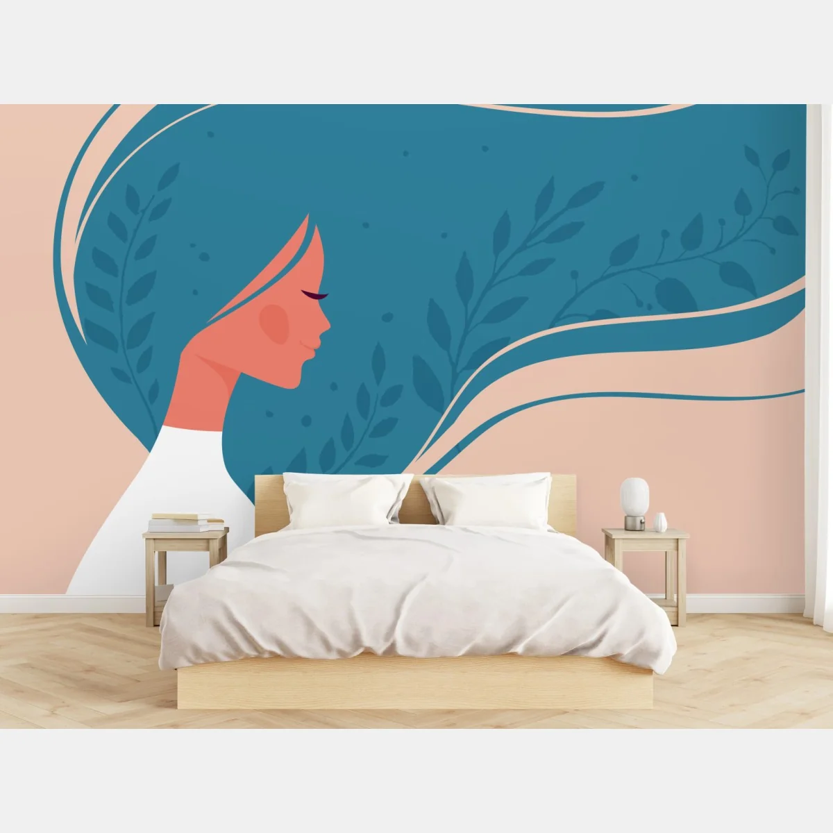 Fototapeta spokojny kwiatowy profil z falującymi włosami – Wallissimo® Fototapeta spokojny kwiatowy profil z falującymi włosami – Wallissimo®