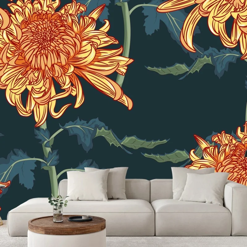 Fototapeta złota chryzantema botaniczny wzór – Wallissimo® Fototapeta złota chryzantema botaniczny wzór – Wallissimo®