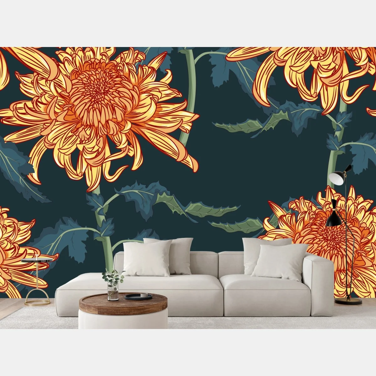 Fototapeta złota chryzantema botaniczny wzór – Wallissimo® Fototapeta złota chryzantema botaniczny wzór – Wallissimo®