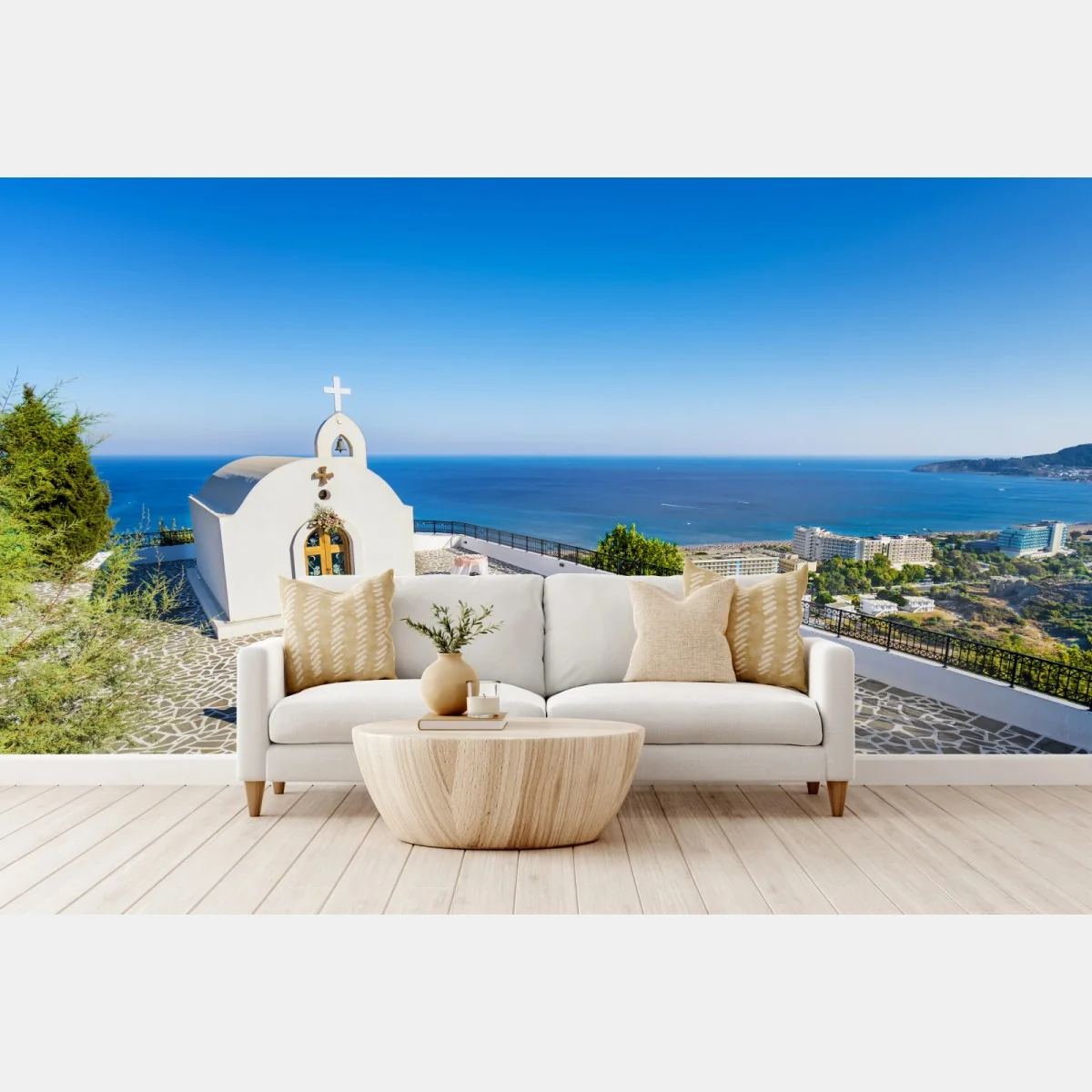 Fototapeta biała kaplica z widokiem na morze w Faliraki – Wallissimo® Fototapeta biała kaplica z widokiem na morze w Faliraki – Wallissimo®