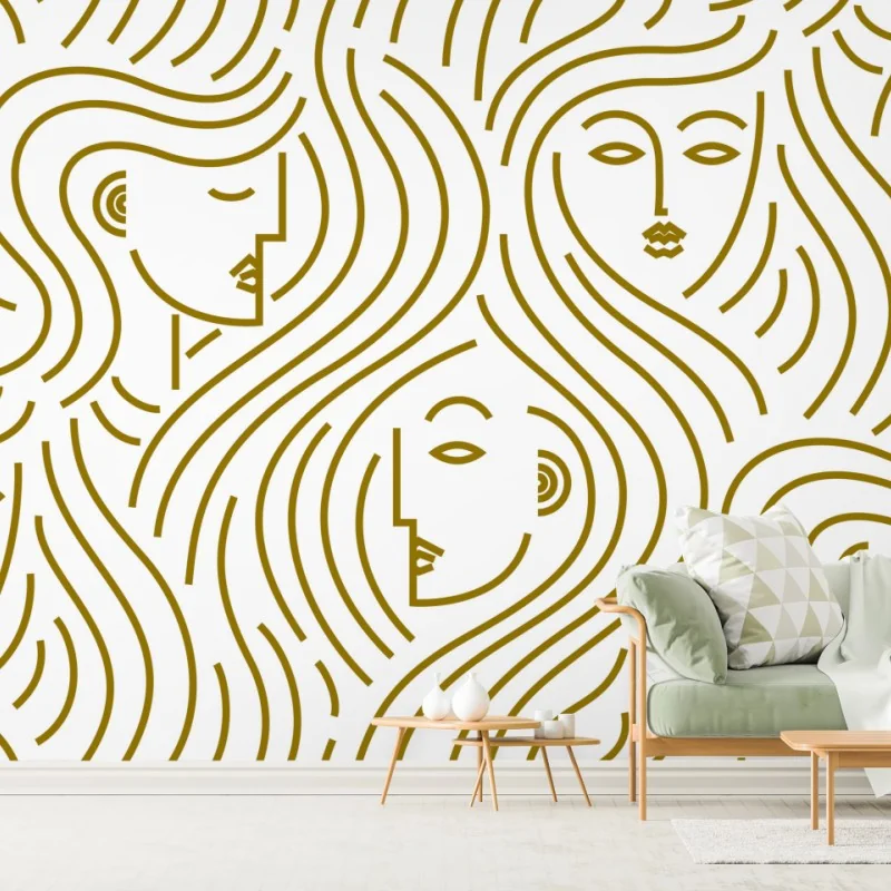 Fototapeta złote fale i abstrakcyjne twarze bezszwowy wzór – Wallissimo® Fototapeta złote fale i abstrakcyjne twarze bezszwowy wzór – Wallissimo®