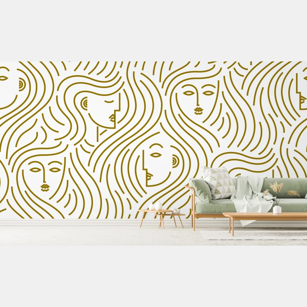 Fototapeta złote fale i abstrakcyjne twarze bezszwowy wzór – Wallissimo® Fototapeta złote fale i abstrakcyjne twarze bezszwowy wzór – Wallissimo®