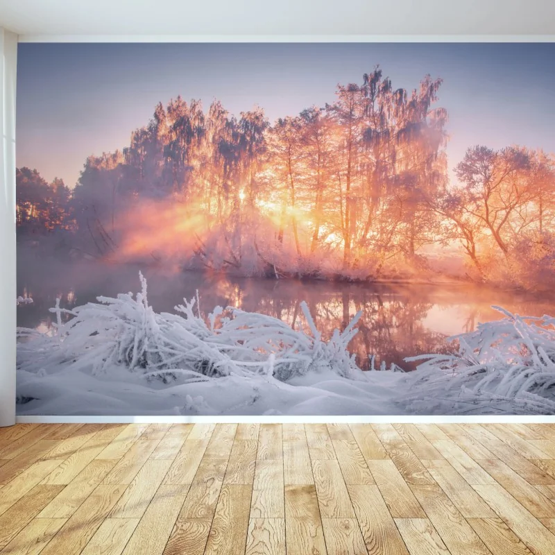 Fototapeta zimowy wschód słońca nad zamarzniętą rzeką – Wallissimo® Fototapeta zimowy wschód słońca nad zamarzniętą rzeką – Wallissimo®