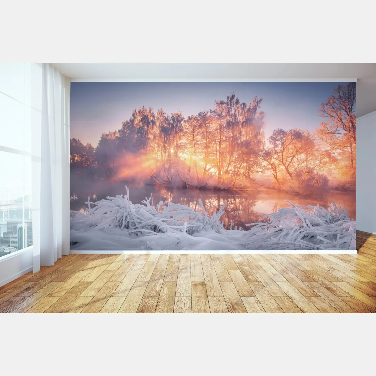 Fototapeta zimowy wschód słońca nad zamarzniętą rzeką – Wallissimo® Fototapeta zimowy wschód słońca nad zamarzniętą rzeką – Wallissimo®