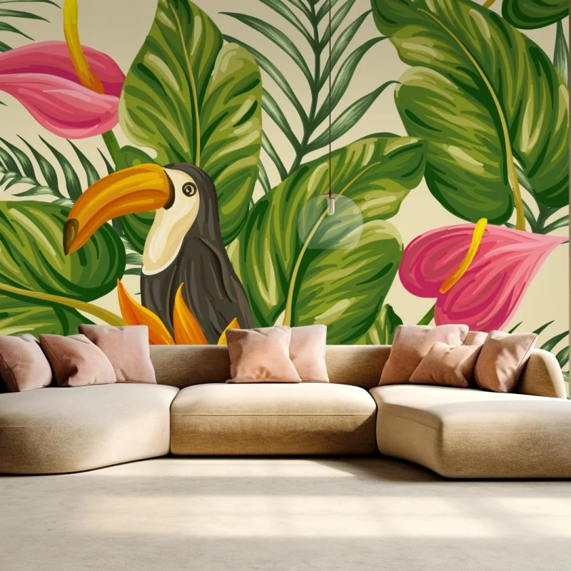 Fototapeta tropikalny wzór botaniczny z tukanem – Wallissimo® Fototapeta tropikalny wzór botaniczny z tukanem – Wallissimo®