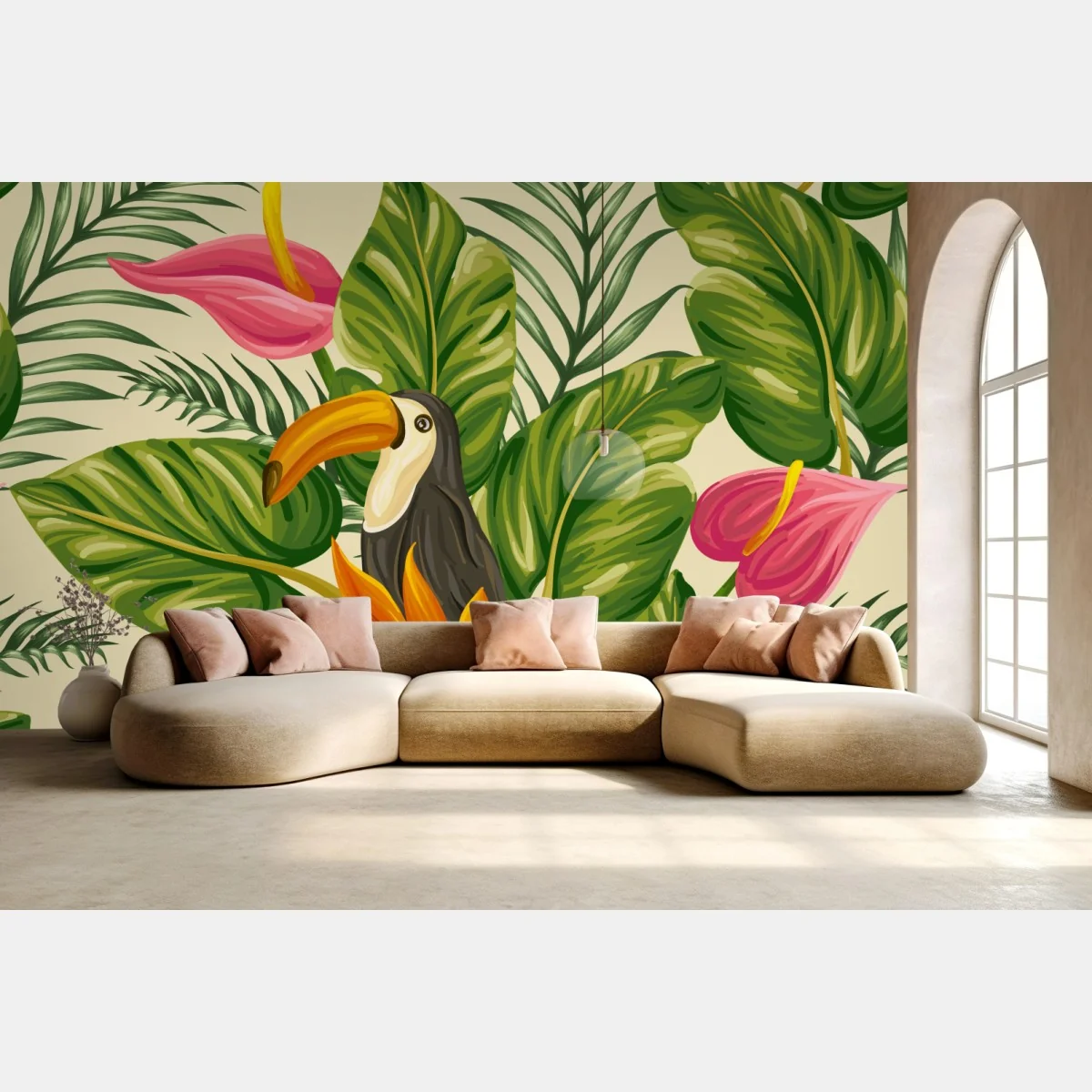 Fototapeta tropikalny wzór botaniczny z tukanem – Wallissimo® Fototapeta tropikalny wzór botaniczny z tukanem – Wallissimo®