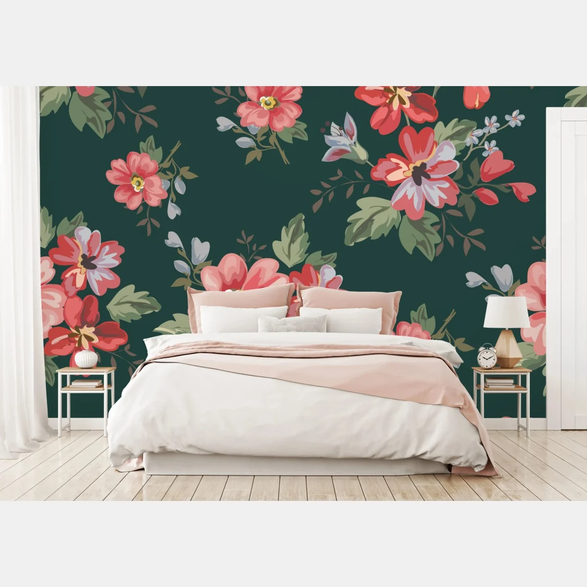 Fototapeta vintage różowy wzór kwiatowy na głębokiej zieleni – Wallissimo® Fototapeta vintage różowy wzór kwiatowy na głębokiej zieleni – Wallissimo®