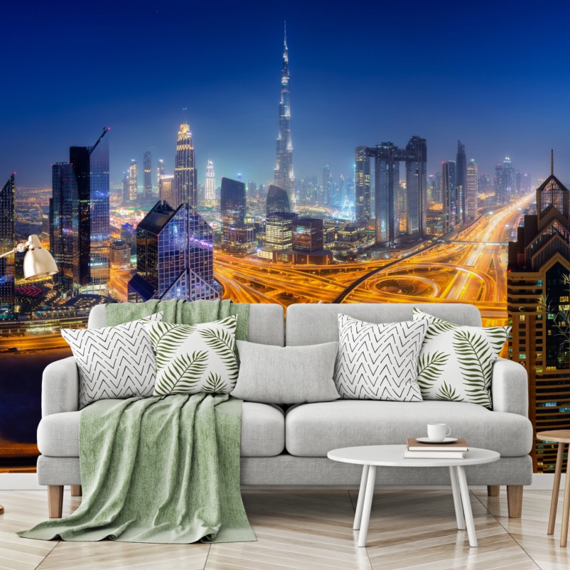 Fototapeta panorama nocnego Dubaju – Wallissimo® Fototapeta panorama nocnego Dubaju – Wallissimo®