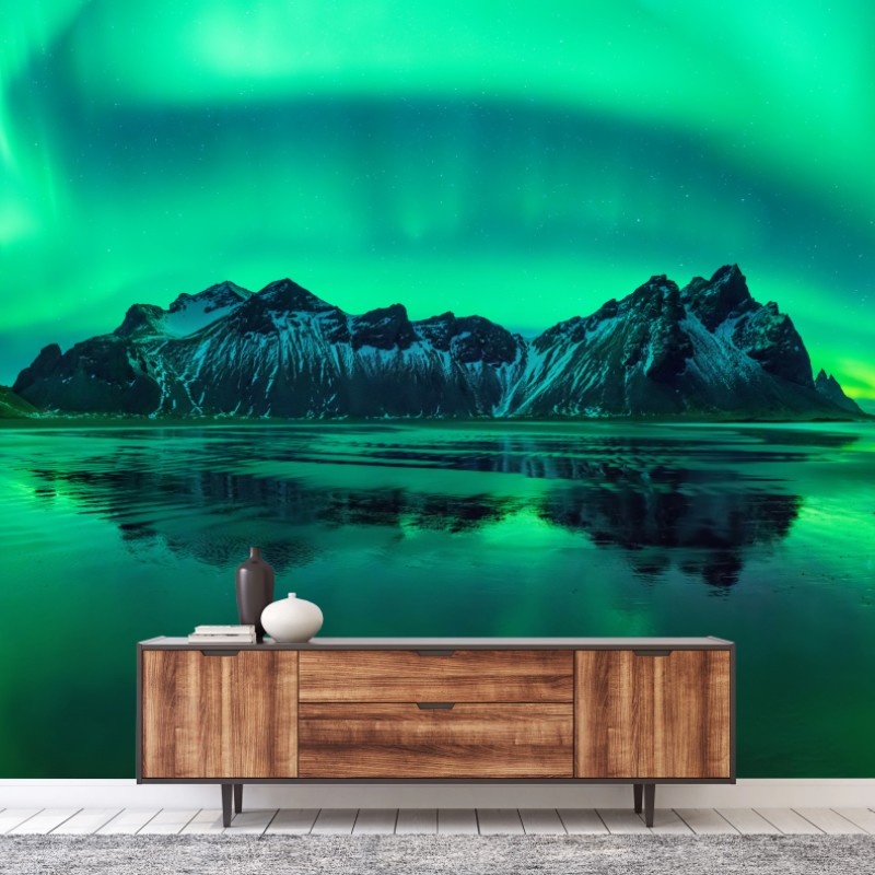 Fototapeta zorza nad Vestrahornem, Stokksnes – Wallissimo® Fototapeta zorza nad Vestrahornem, Stokksnes – Wallissimo®