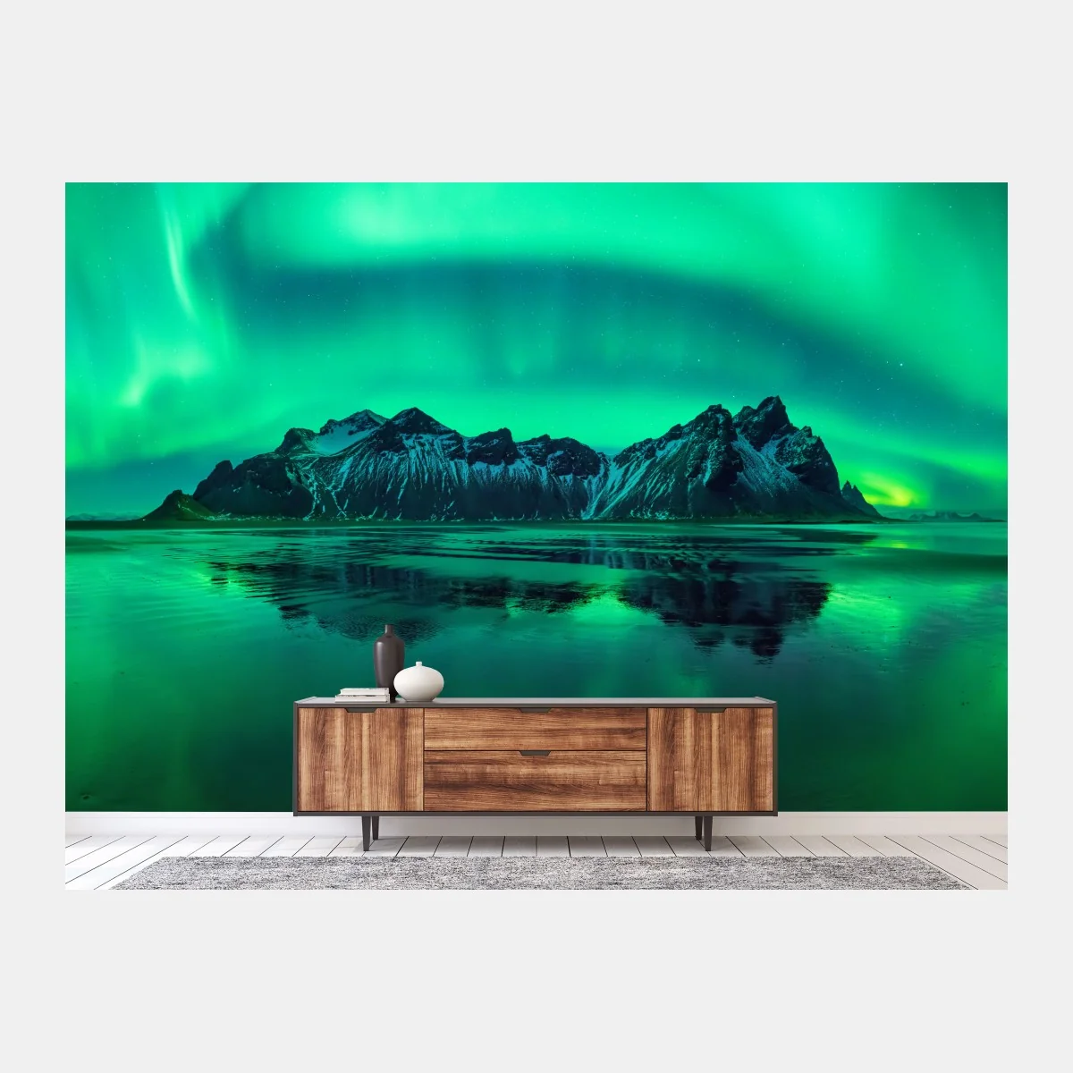 Fototapeta zorza nad Vestrahornem, Stokksnes – Wallissimo® Fototapeta zorza nad Vestrahornem, Stokksnes – Wallissimo®