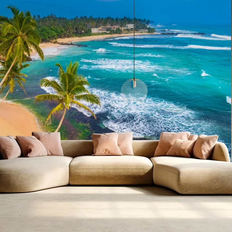 Fototapeta turkusowe tropikalne wybrzeże z palmami – Wallissimo® Fototapeta turkusowe tropikalne wybrzeże z palmami – Wallissimo®