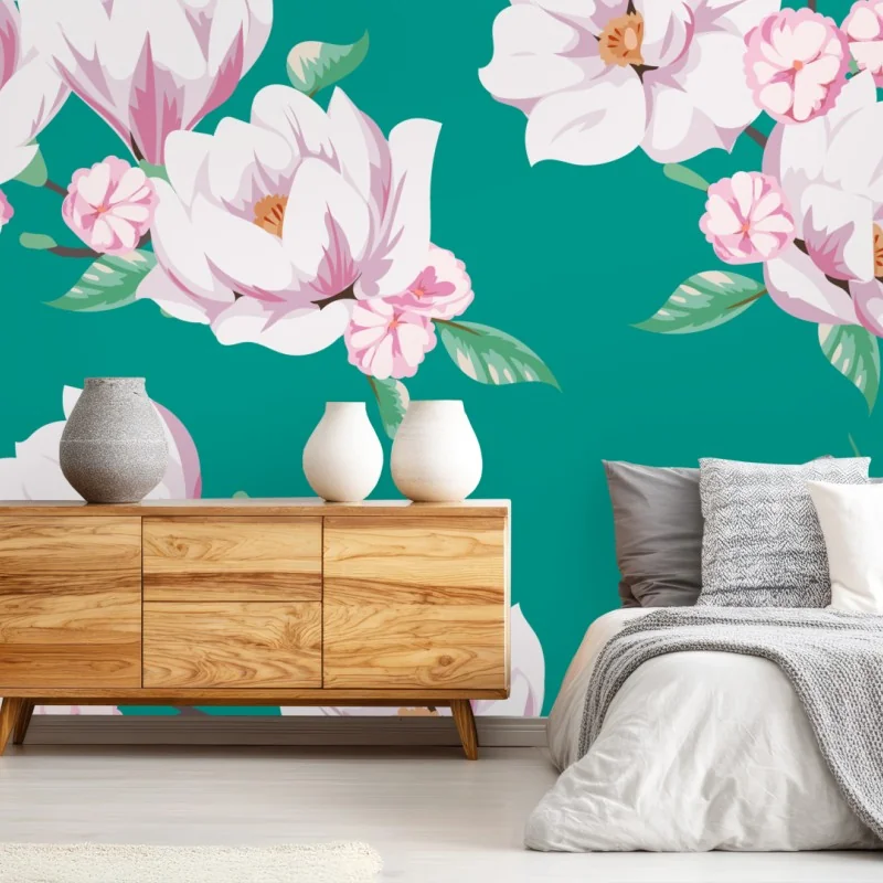 Fototapeta pastelowy wzór magnolii na turkusowym tle – Wallissimo® Fototapeta pastelowy wzór magnolii na turkusowym tle – Wallissimo®