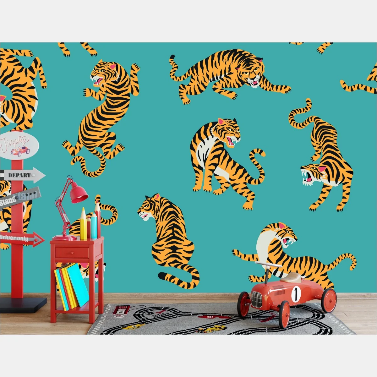 Fototapeta stylizowany motyw tygrysa na turkusowym tle – Wallissimo® Fototapeta stylizowany motyw tygrysa na turkusowym tle – Wallissimo®