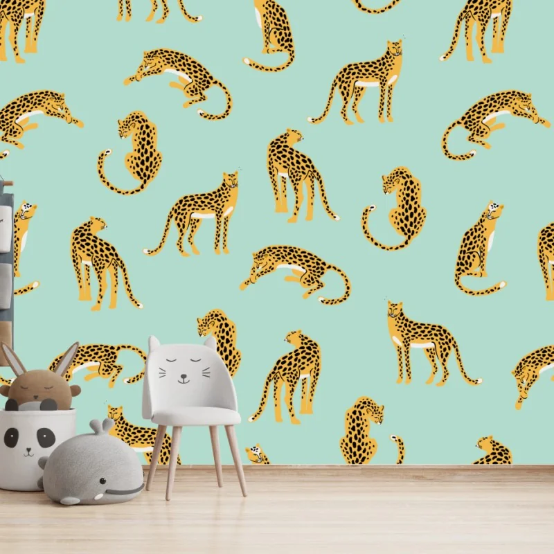 Fototapeta zabawny wzór gepardów na turkusowym tle – Wallissimo® Fototapeta zabawny wzór gepardów na turkusowym tle – Wallissimo®