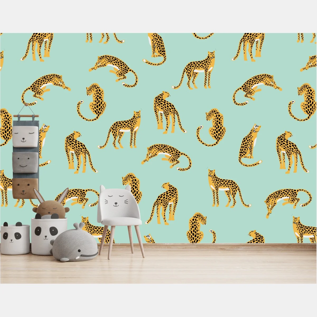 Fototapeta zabawny wzór gepardów na turkusowym tle – Wallissimo® Fototapeta zabawny wzór gepardów na turkusowym tle – Wallissimo®