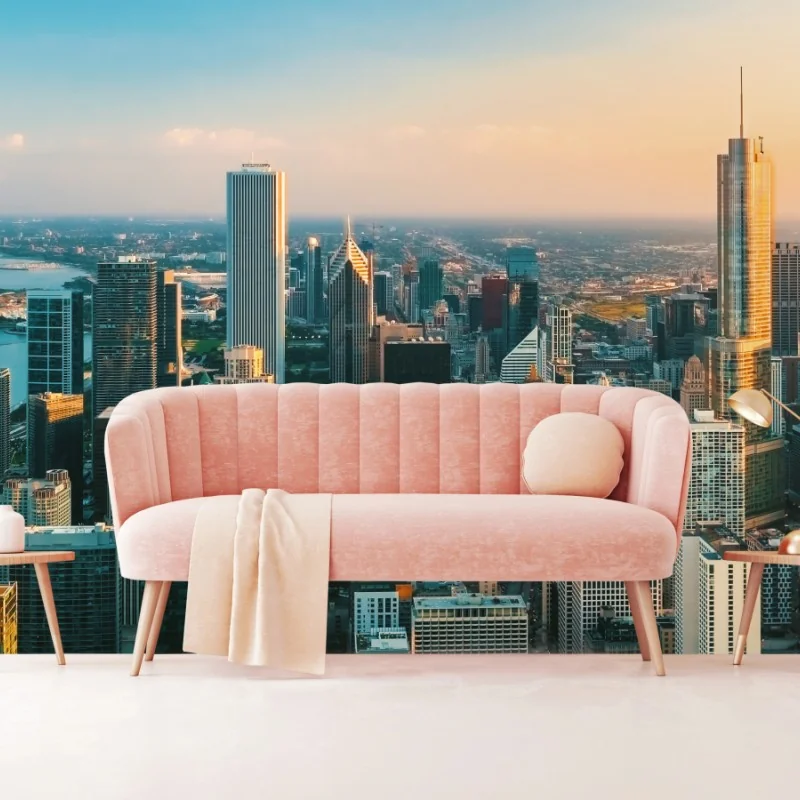 Fototapeta Chicago panorama miasta o zachodzie słońca – Wallissimo® Fototapeta Chicago panorama miasta o zachodzie słońca – Wallissimo®