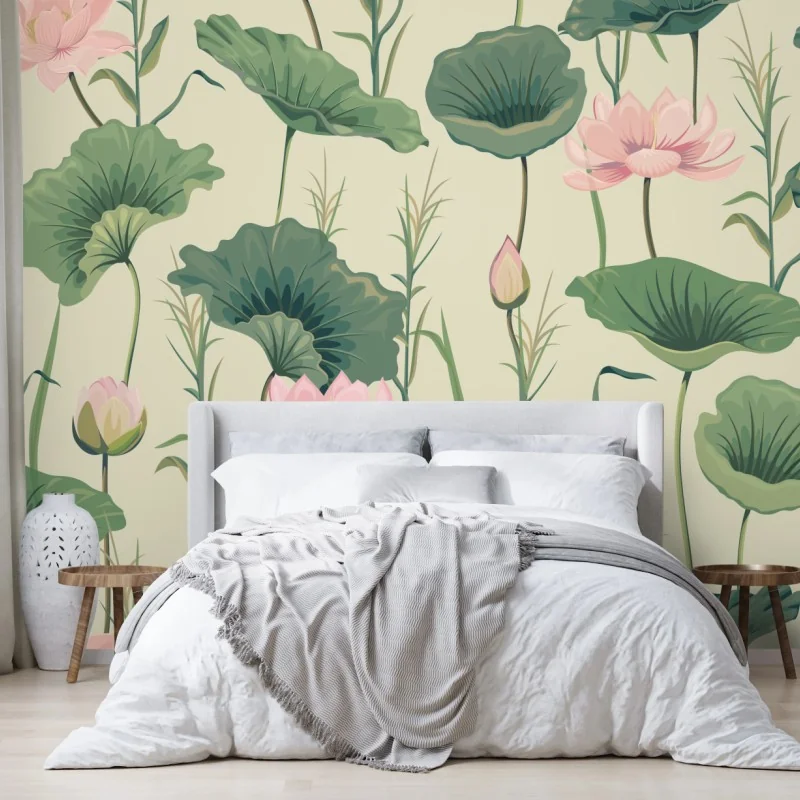 Fototapeta delikatny ogród lotosów wzór botaniczny – Wallissimo® Fototapeta delikatny ogród lotosów wzór botaniczny – Wallissimo®