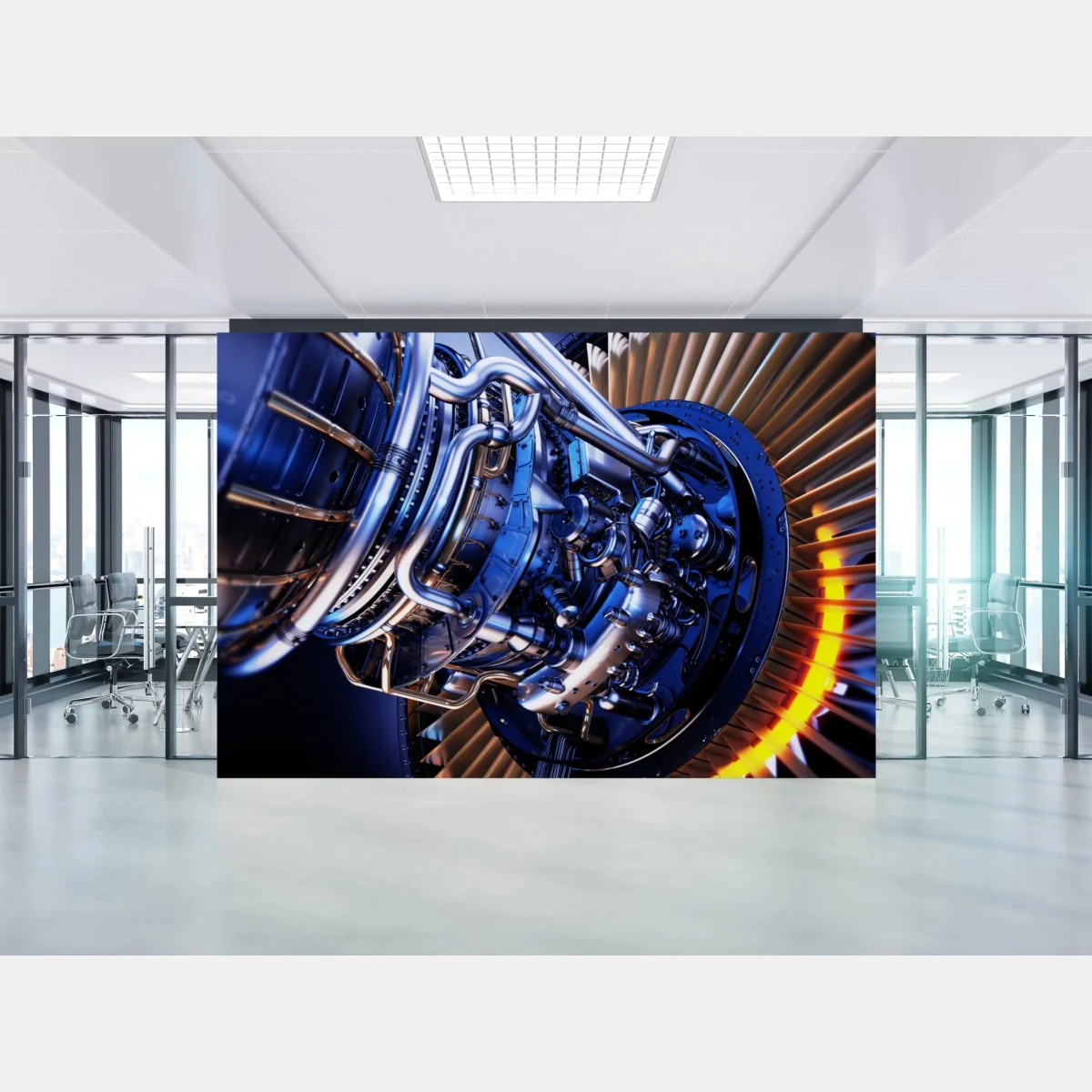 Fototapeta zbliżenie turbiny silnika odrzutowego w niebieskich i pomarańczowych tonach – Wallissimo®