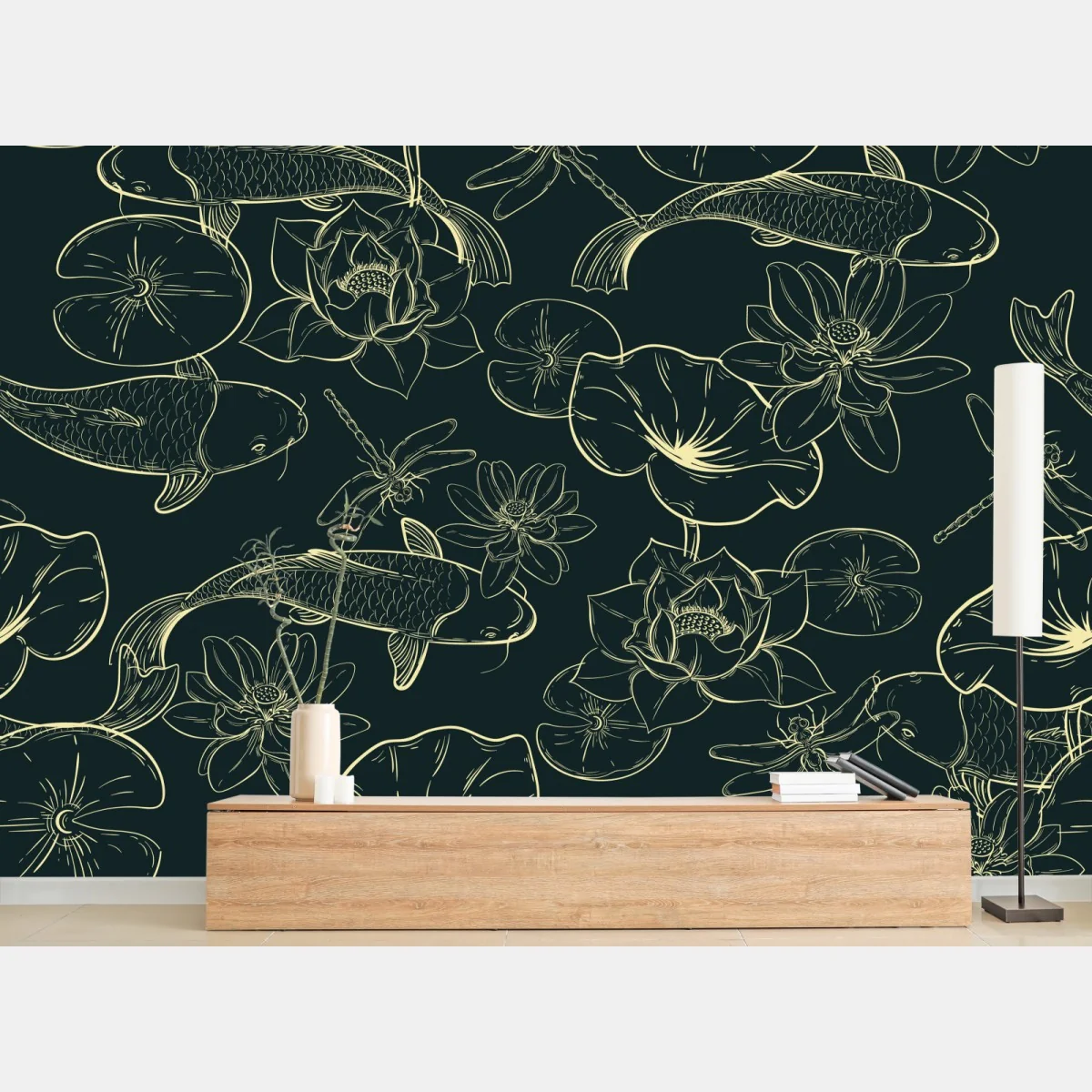 Fototapeta ręcznie rysowany wzór koi i lotosu – Wallissimo® Fototapeta ręcznie rysowany wzór koi i lotosu – Wallissimo®