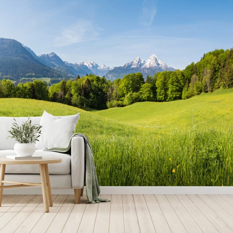 Fototapeta spokojna alpejska łąka w panoramie – Wallissimo® Fototapeta spokojna alpejska łąka w panoramie – Wallissimo®