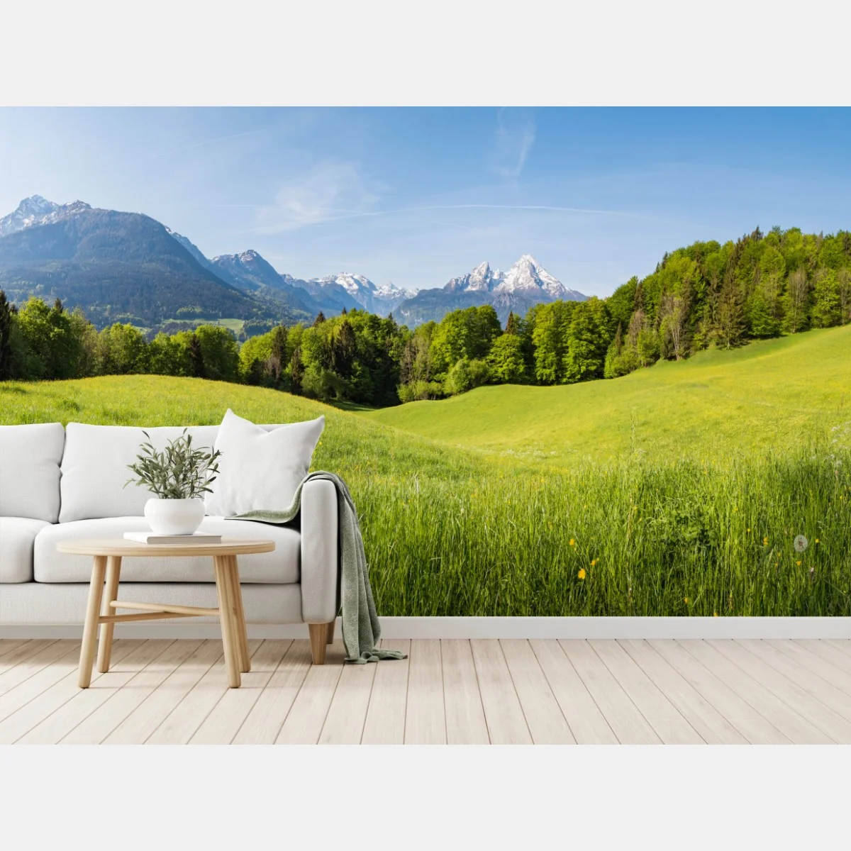 Fototapeta spokojna alpejska łąka w panoramie – Wallissimo® Fototapeta spokojna alpejska łąka w panoramie – Wallissimo®