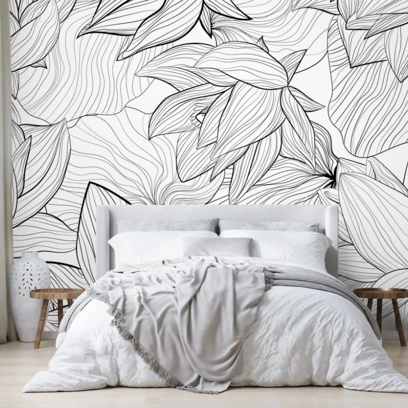 Fototapeta delikatny rysunek lotosu w czerni i bieli – Wallissimo® Fototapeta delikatny rysunek lotosu w czerni i bieli – Wallissimo®