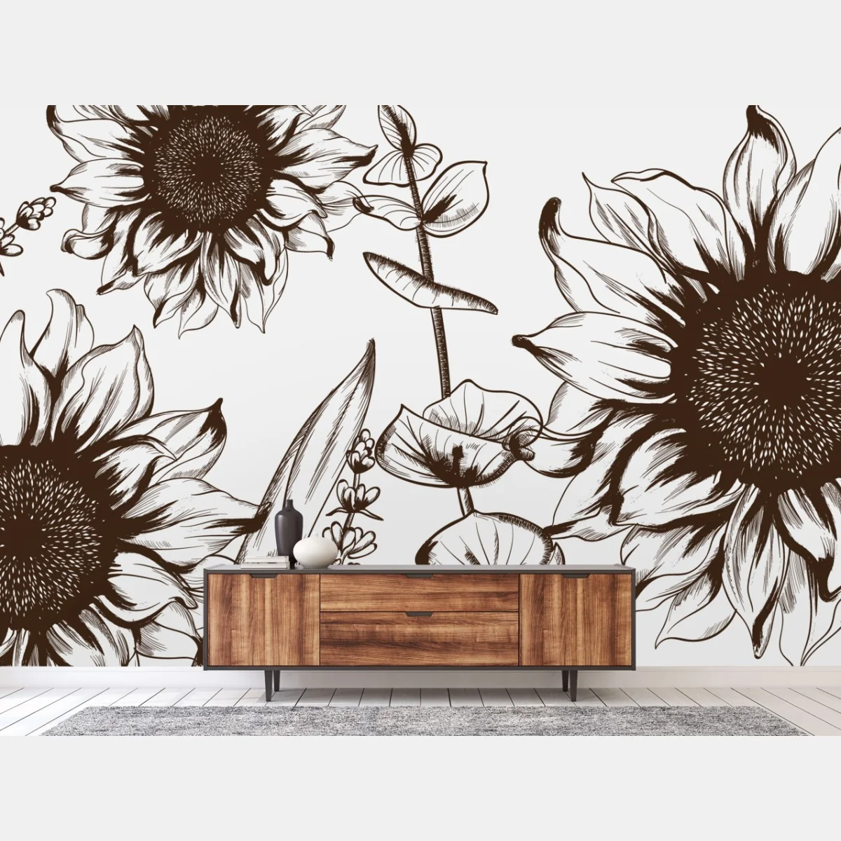 Fototapeta ilustracja botaniczna słonecznik w sepii – Wallissimo® Fototapeta ilustracja botaniczna słonecznik w sepii – Wallissimo®