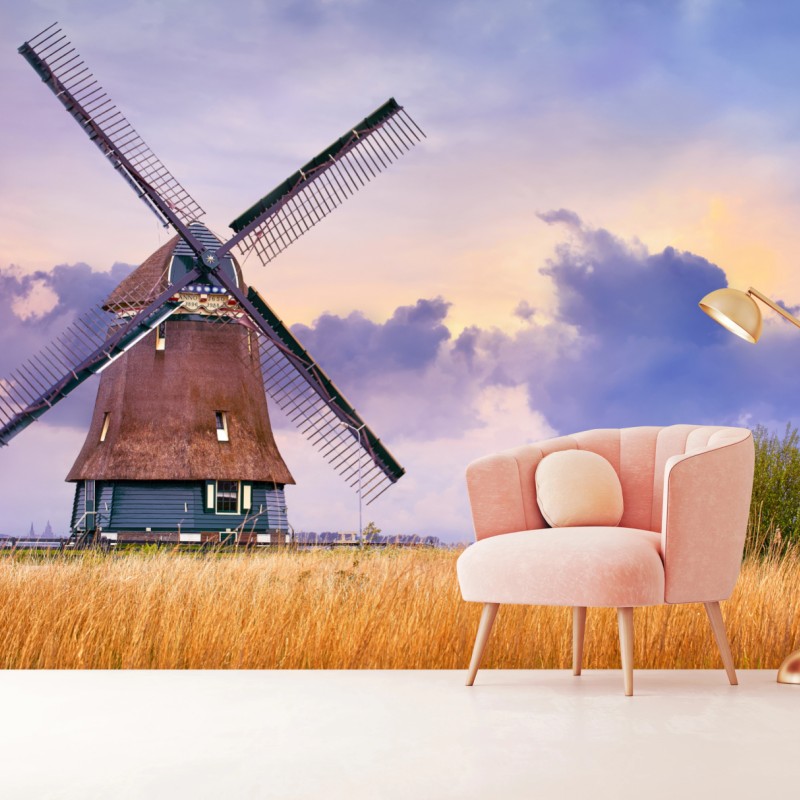 Fototapeta historyczny wiatrak na złotych polach – Wallissimo® Fototapeta historyczny wiatrak na złotych polach – Wallissimo®