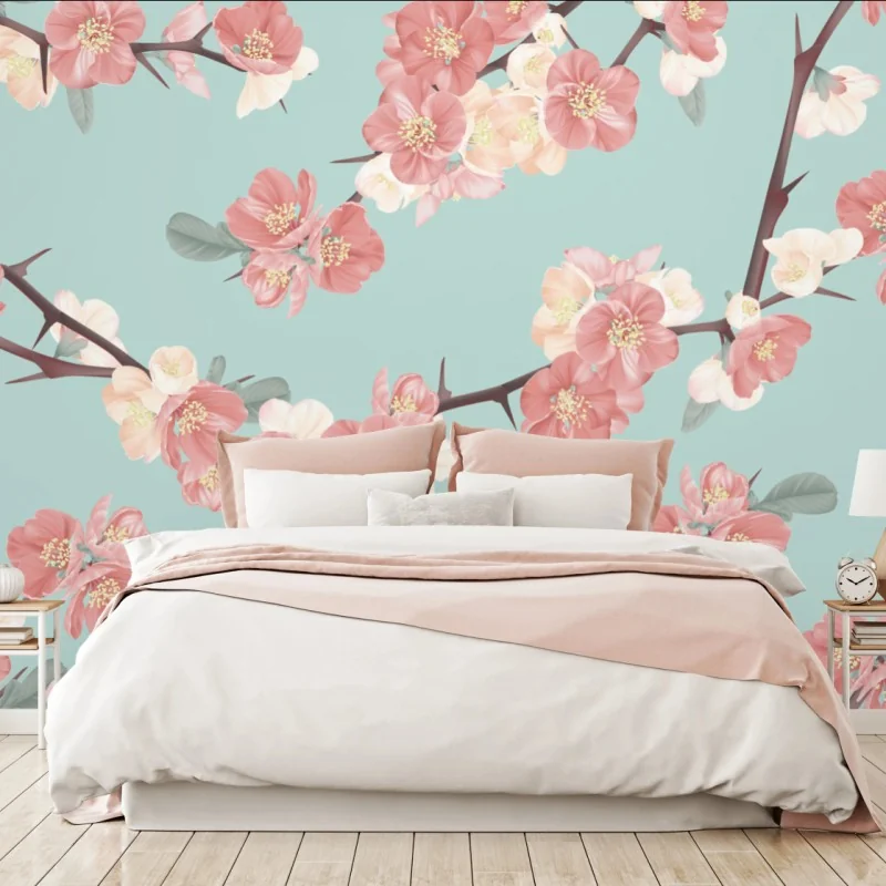 Fototapeta pastelowy wzór kwiatów wiśni na miętowym tle – Wallissimo® Fototapeta pastelowy wzór kwiatów wiśni na miętowym tle – Wallissimo®