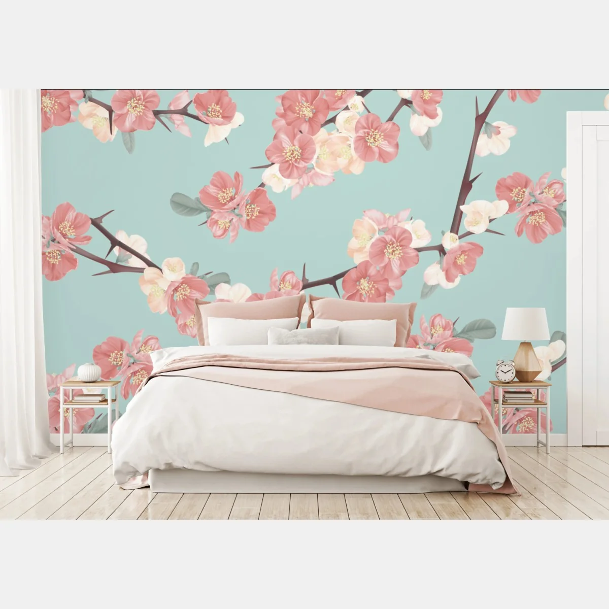 Fototapeta pastelowy wzór kwiatów wiśni na miętowym tle – Wallissimo® Fototapeta pastelowy wzór kwiatów wiśni na miętowym tle – Wallissimo®