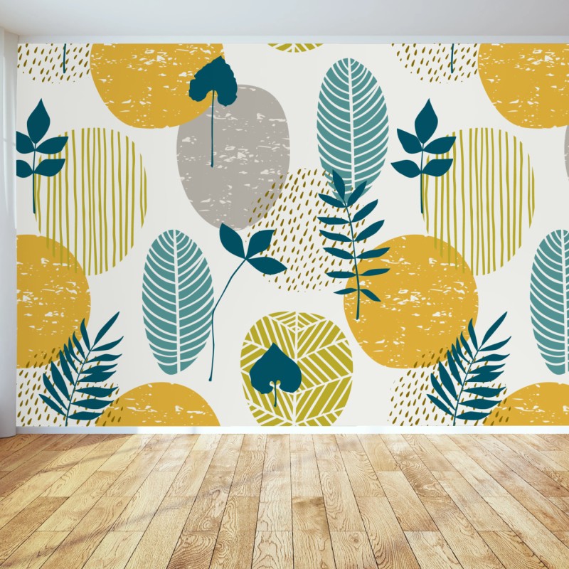 Fototapeta turkusowo-musztardowy botaniczny wzór – Wallissimo® Fototapeta turkusowo-musztardowy botaniczny wzór – Wallissimo®