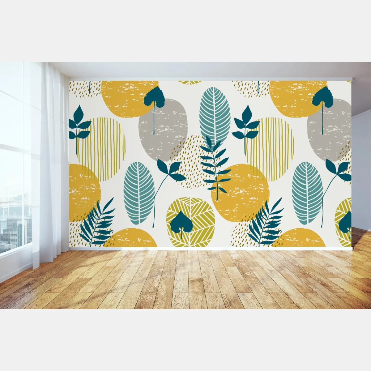 Fototapeta turkusowo-musztardowy botaniczny wzór – Wallissimo® Fototapeta turkusowo-musztardowy botaniczny wzór – Wallissimo®