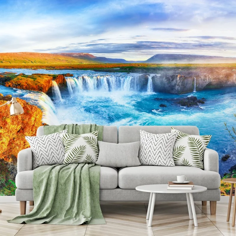 Fototapeta panorama wodospadu Godafoss o wschodzie słońca – Wallissimo® Fototapeta panorama wodospadu Godafoss o wschodzie słońca – Wallissimo®