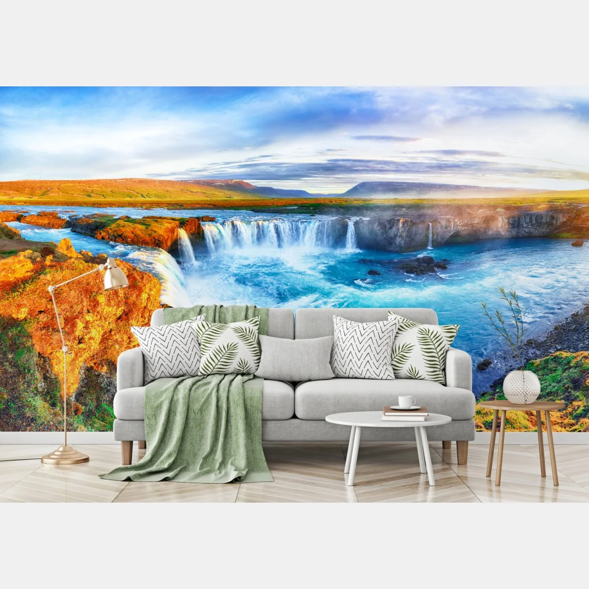 Fototapeta panorama wodospadu Godafoss o wschodzie słońca – Wallissimo® Fototapeta panorama wodospadu Godafoss o wschodzie słońca – Wallissimo®