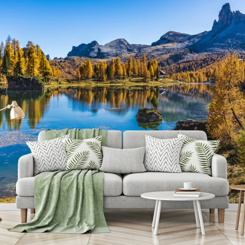 Fototapeta jesienne alpejskie jezioro z odbiciami gór – Wallissimo® Fototapeta jesienne alpejskie jezioro z odbiciami gór – Wallissimo®