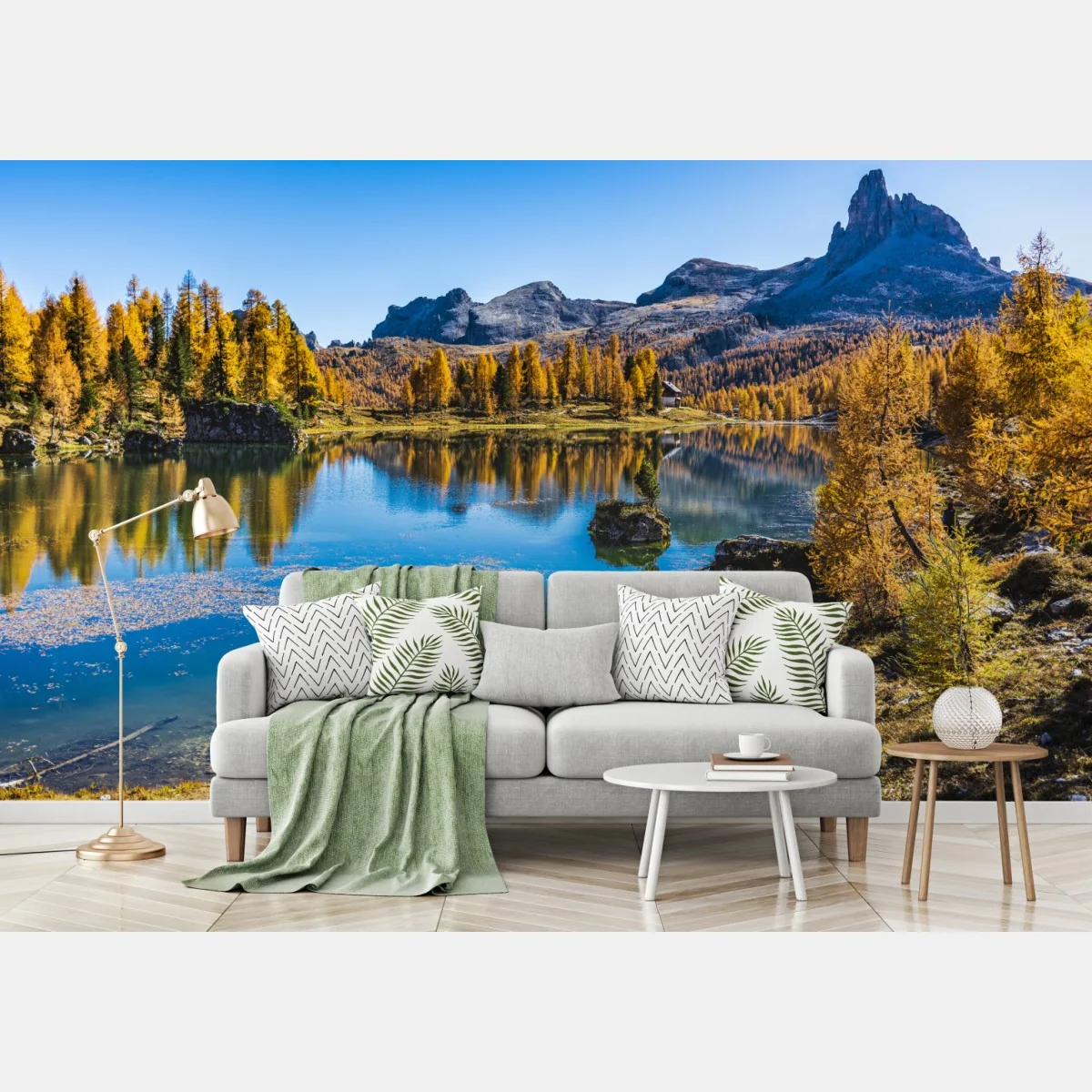 Fototapeta jesienne alpejskie jezioro z odbiciami gór – Wallissimo® Fototapeta jesienne alpejskie jezioro z odbiciami gór – Wallissimo®