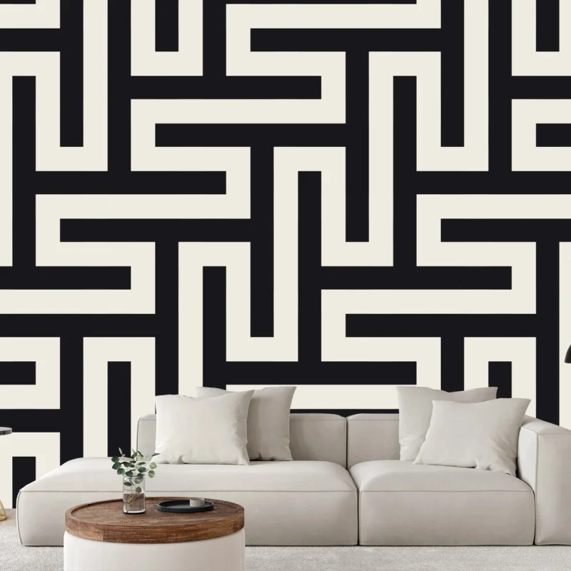 Fototapeta geometryczny wzór labiryntu w beżu i czerni – Wallissimo® Fototapeta geometryczny wzór labiryntu w beżu i czerni – Wallissimo®